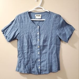 Flax - 100% Linen Button Up Blouse with Darts in Blue - Size S